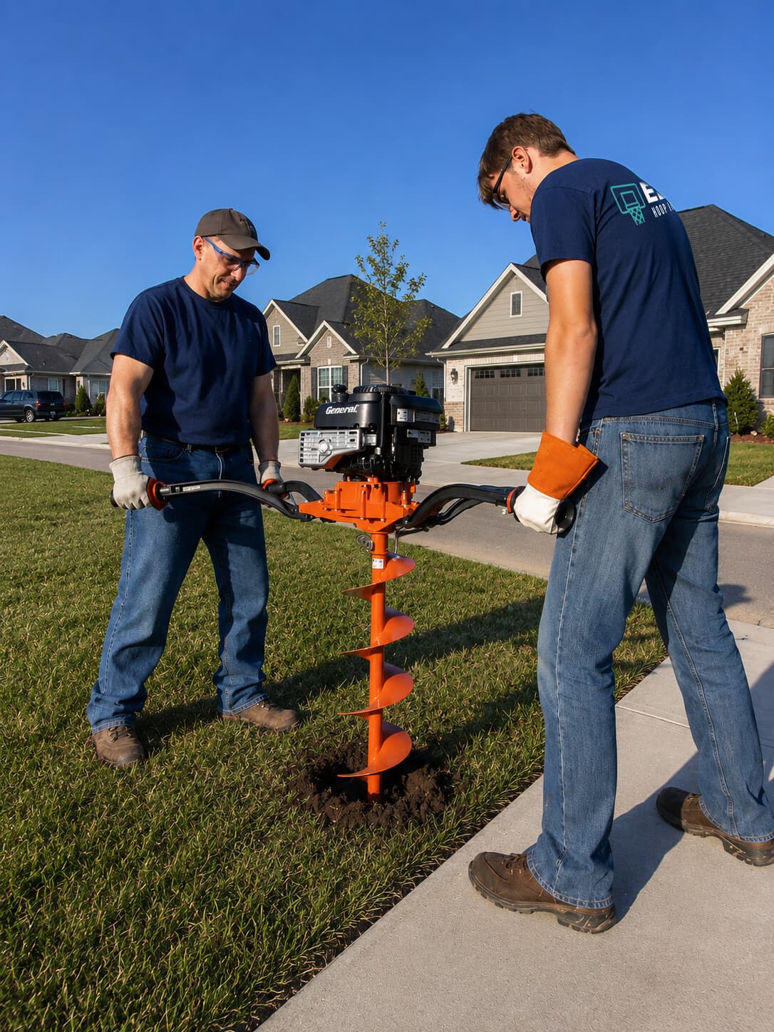 Two-person crew operating a gas-powered auger to drill the pole hole in a front yard
