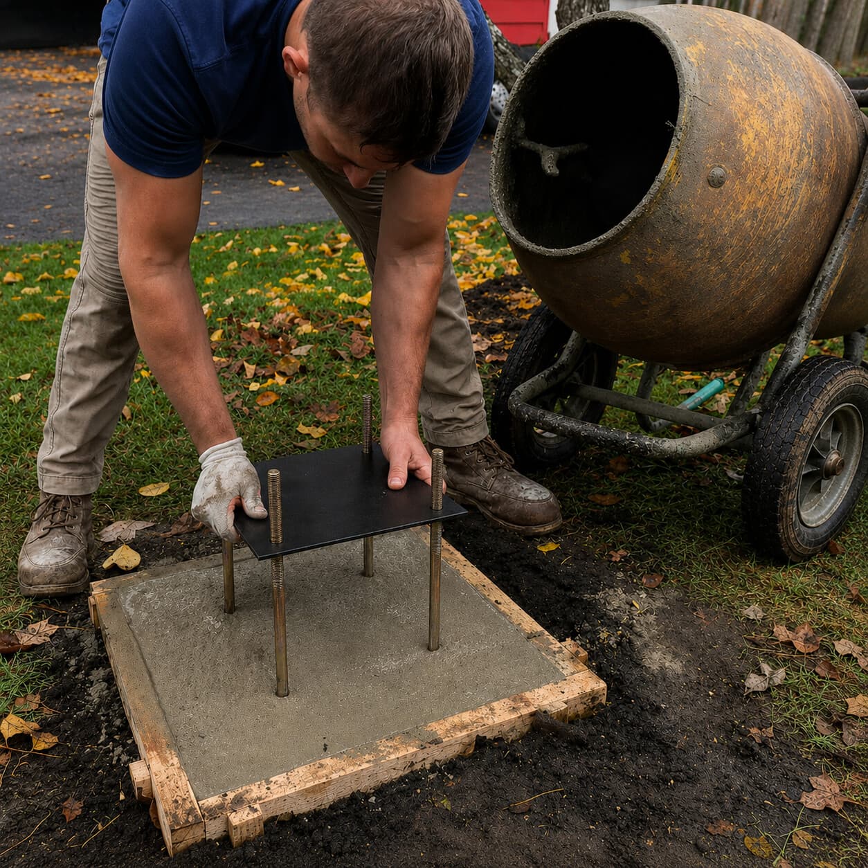 Technician setting an anchor-bolt template into a freshly poured concrete footing