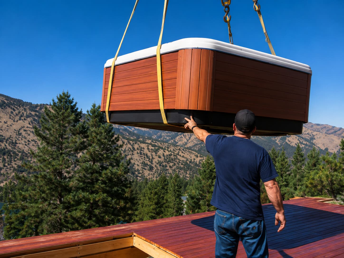 Crane lowering a hot tub onto a mountain-view deck, guided by a technician