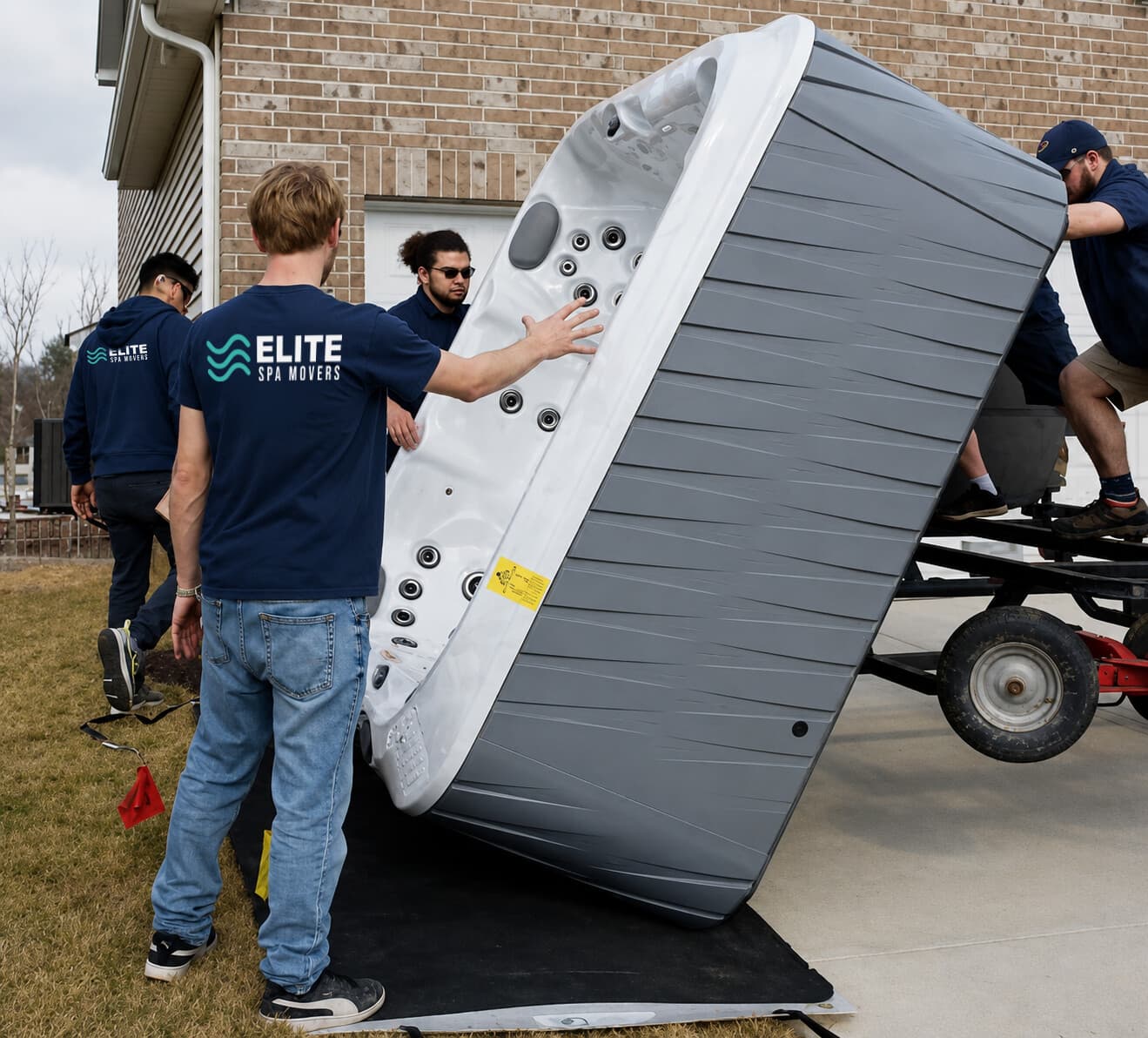 Crew tilting a new hot tub onto a delivery trailer outside a home
